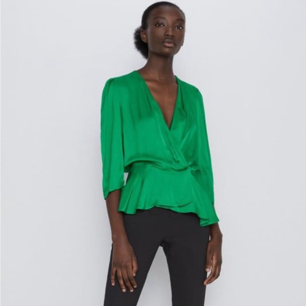 Zara satin wrap blouse emerald green Small EUC